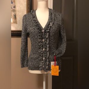 Ruby Rd. Cardigan Sweater Sz PL Black & Silver Ruffle Front Gem Button & Pockets